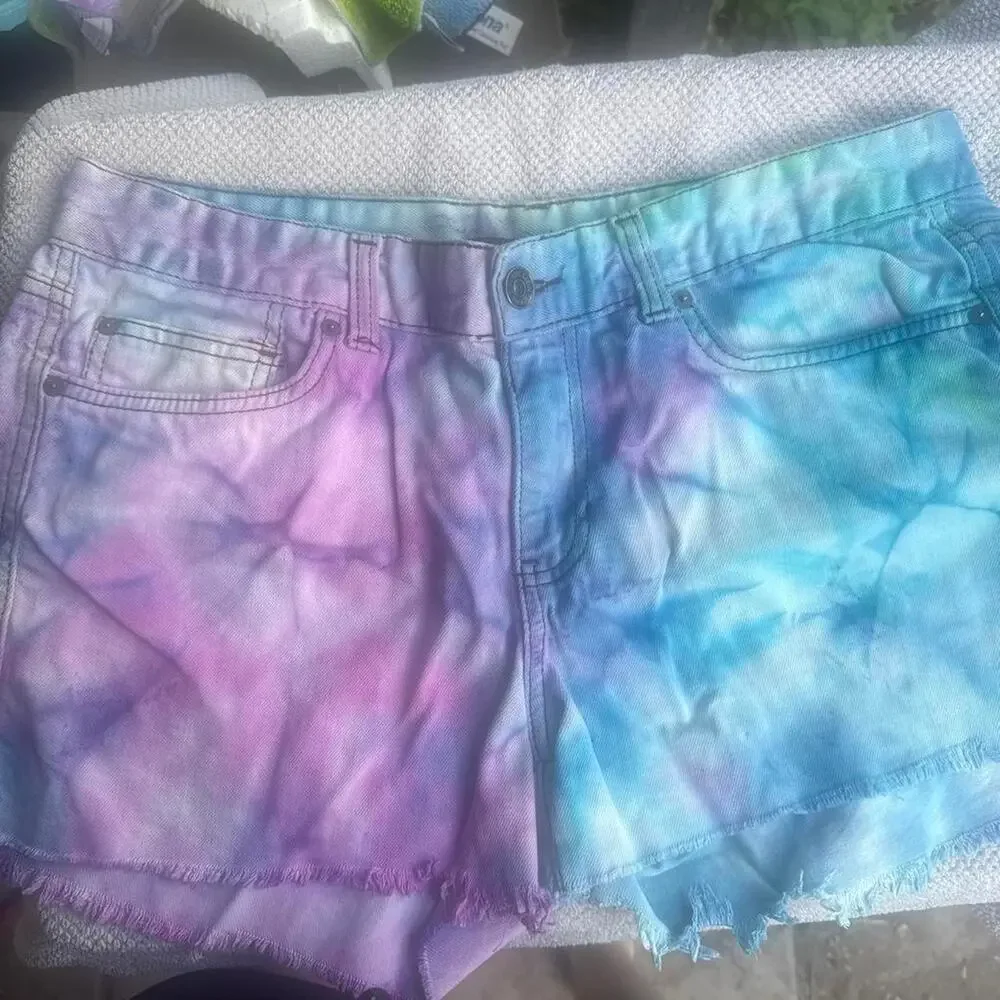 Tie dye denim shorts with
